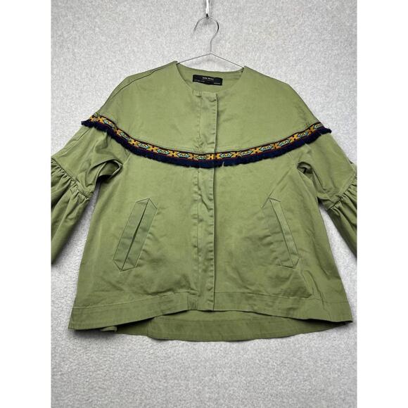 Zara Aztec Embroidered Crop Bell Sleeve Jacket Womens M Boho Green Indie Hippie - Picture 7 of 9